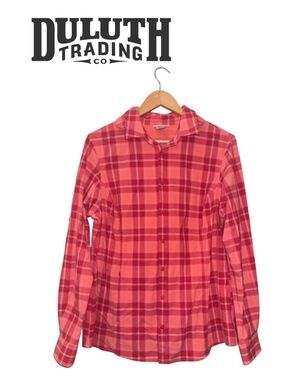 DULUTH TRADING Sidewinder Long Sleeve Shirt Orange Plaid Performance Women L